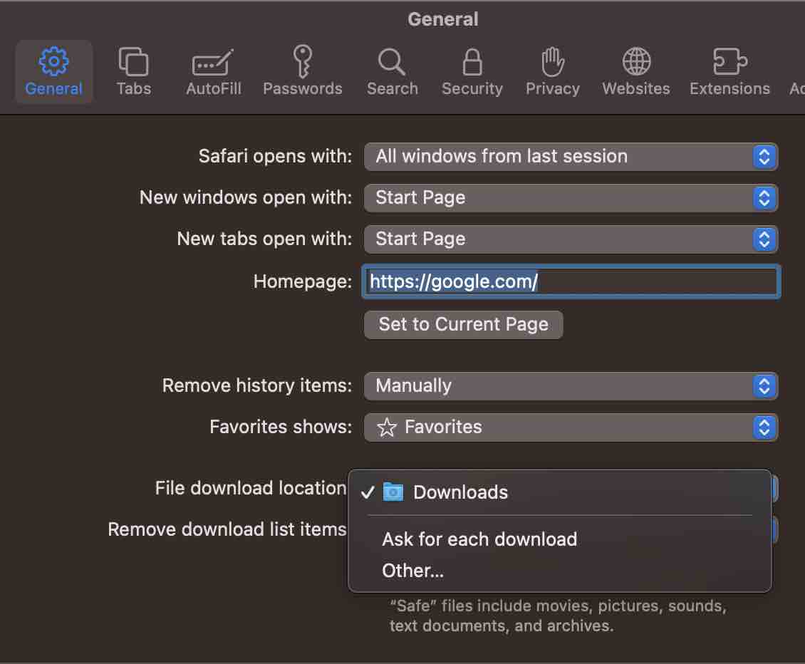 Change file download location Mac Safari